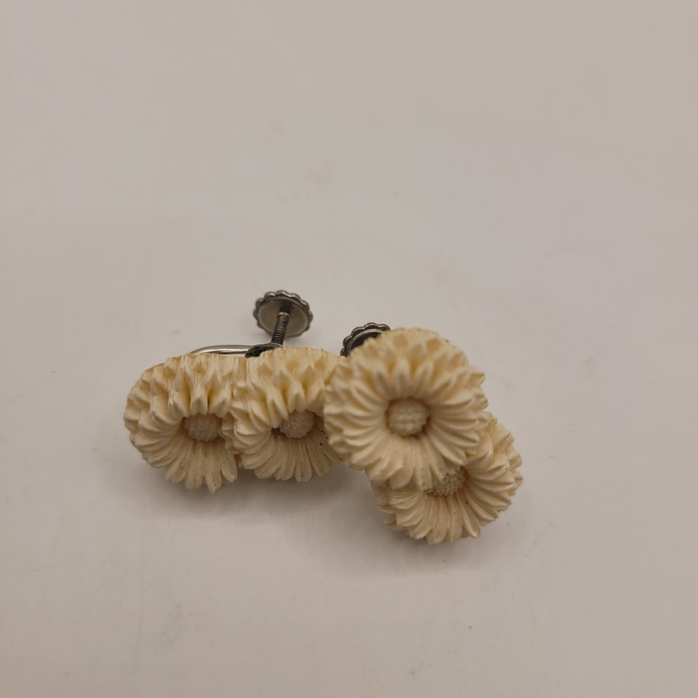Vintage Carved Celluloid White Rose Screw Back Earrings